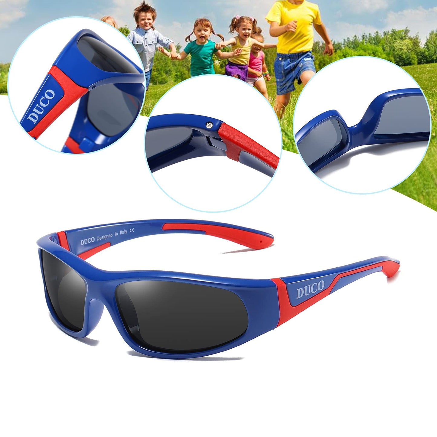 DUCO Kids Sports Style Polarised Sunglasses Rubber Flexible Frame For Boys Girls Baby and Children K001 (Blue Red 001 For Age 3-10)