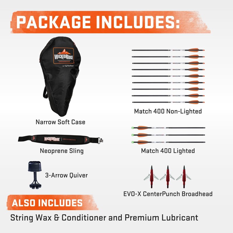 Wicked Ridge Invader M1 De-Cock Crossbow with Scope Bundle with Soft Case, Alpha-Nock Carbon Arrow, Alpha-Blaze Lighted Carbon Arrows, Neoprene Sling, Conditioner, and Premium Lubricant (7 Items)
