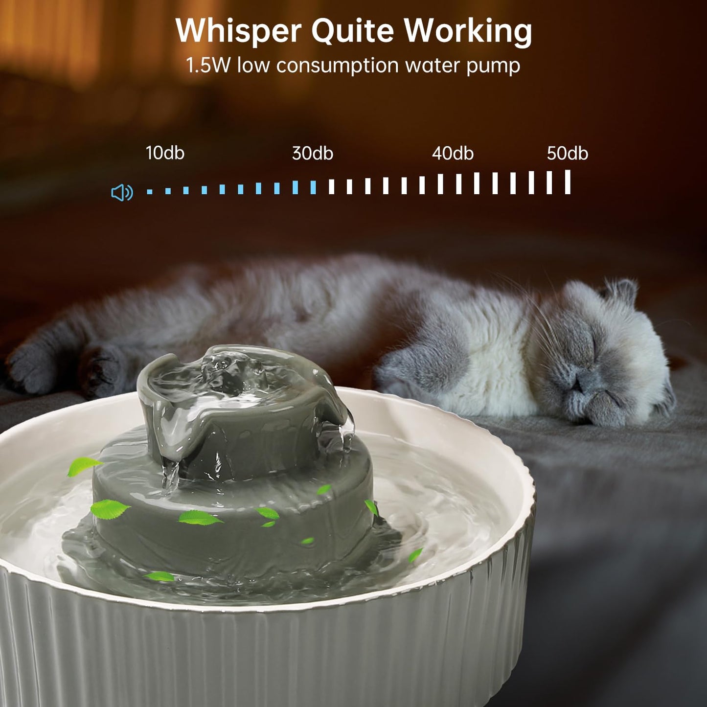 Ceramic Cat Water Fountain, 2.1L/70oz Ceramic Pet Water Fountain Automatic Cat Drinking Fountains Pet Water Bowl, Porcelain Cat Water Dispenser with Ultra-Quiet Pump for Cats and Dogs(Grey)
