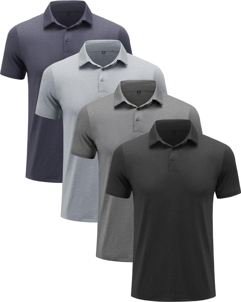 BALENNZ Men's Quick-Dry Athletic Polo Shirt 4 Pack - Moisture Wicking, Casual, Black/Grey/Navy, Large