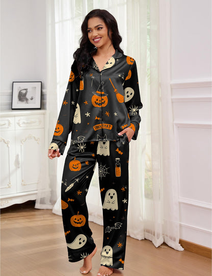 SHESHOW Funny Halloween Pajamas Women Satin Pajama Long Sleeve 2 Piece Sets Cute Halloween Pjs Women Black M