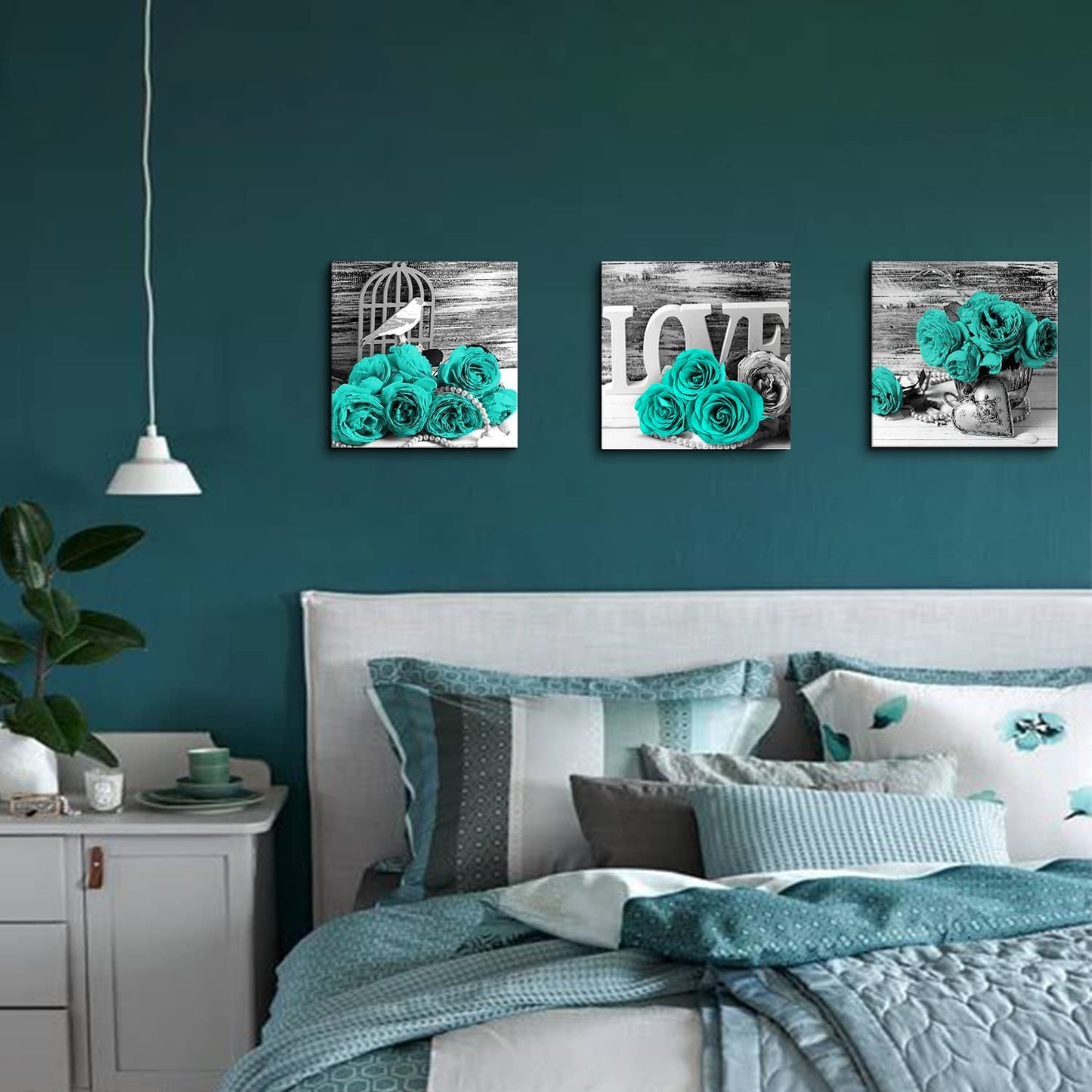 Teal Bathroom Wall Decor Turquoise Teal and Grey Rose Wall Art for Bedroom Living Room Accessories Love Sign Aqua Green Flower Pictures Floral Poster Canvas Artwork Kitchen Home Decoration 12x12" 3