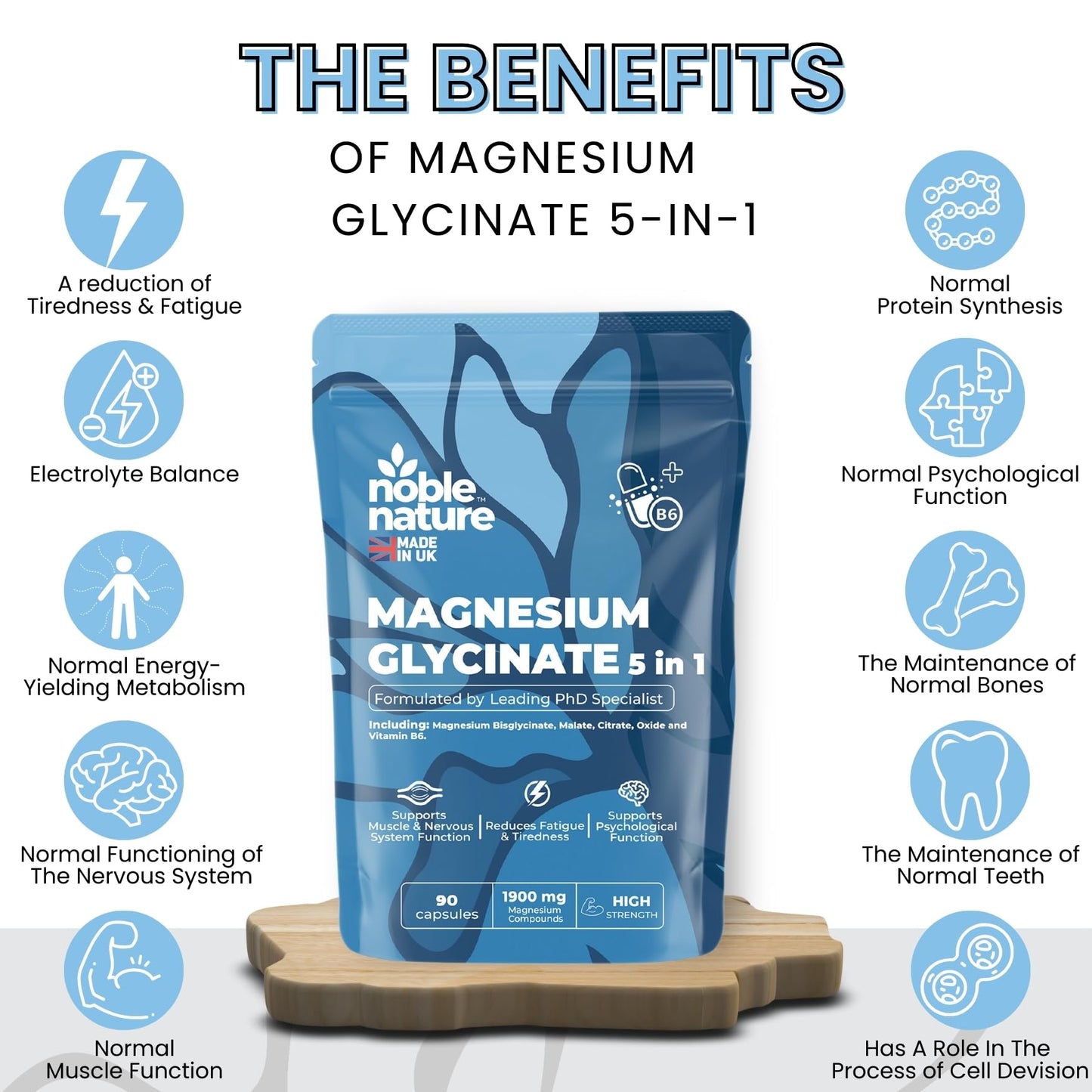 Magnesium Glycinate 5-in-1 Complex Formulated by PhD Expert High Strength 1900mg Supplements as Bisglycinate, Malate, Citrate, Oxide & Vitamin B6-90 GMO Free Capsules, 384mg Elemental, UK Made (90)