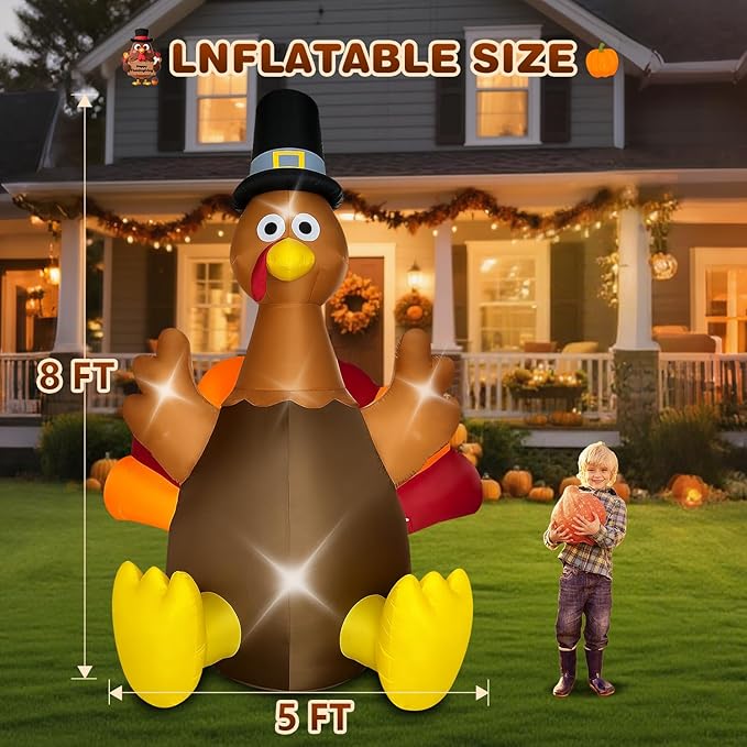 Thanksgiving Inflatables Turkey Outdoor Decorations 8FT Fall Inflatable Turkey with Built-in LED Lights Blow up Outdoor Lawn Yard Decoration
