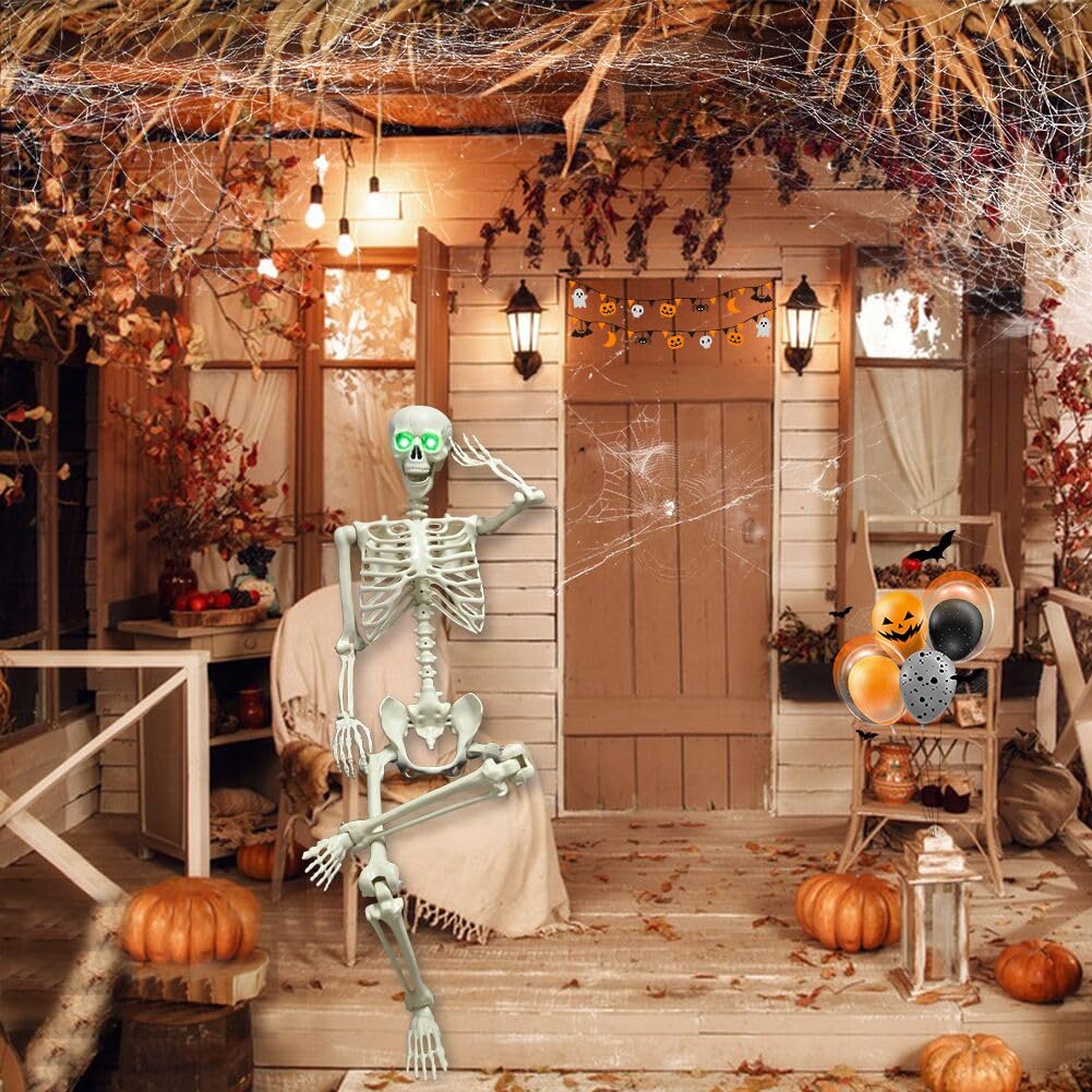 WODMAZ 5.4Ft Halloween Skeleton, Full Size Posable Skeleton with Glowing Eyes Creepy Sound, Full Body Life Size Skeleton and 2 Arm Stakes for Halloween Indoor Outdoor Haunted House Decorations