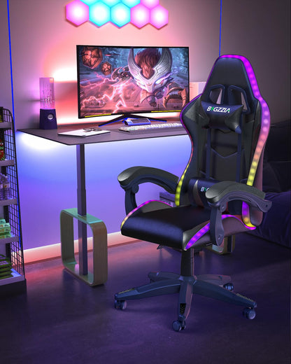 Bigzzia Gaming Chair with RGB LED Lights, High Back Ergonomic Computer Gamer Chair with Headrest and Lumbar Support, Racing Style Reclining Game Chair for Adults, Kids (Black)