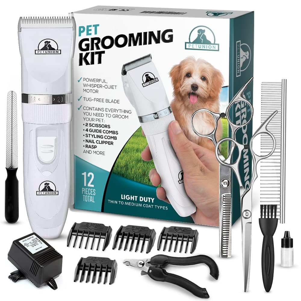 Pet Union Professional Dog Grooming Kit - Rechargeable, Cordless Pet Grooming Clippers & Complete Set of Dog Grooming Tools. Low Noise & Suitable for Dogs, Cats and Other Pets (White)