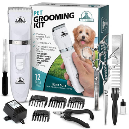 Pet Union Professional Dog Grooming Kit - Rechargeable, Cordless Pet Grooming Clippers & Complete Set of Dog Grooming Tools. Low Noise & Suitable for Dogs, Cats and Other Pets (White)