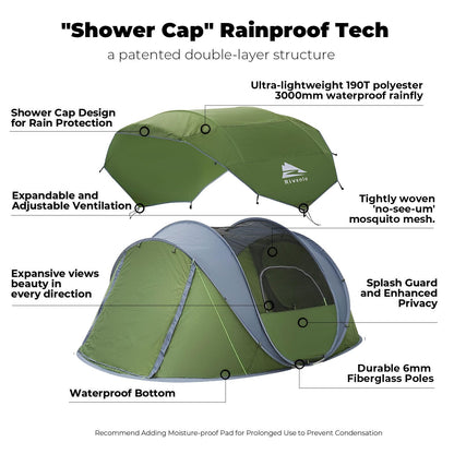 4 Person Easy Pop Up Tent,9.5’X6.6’X52'',Waterproof, Automatic Setup,2 Doors-Instant Family Tents for Camping, Hiking & Traveling