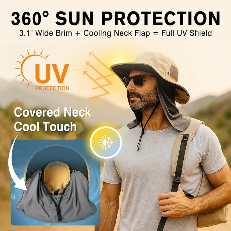 UVCoolix™ UV Protection Men's Sun Hat - Cooling Neck Flap & Sunglass Lock | Wide Brim Fishing Hat
