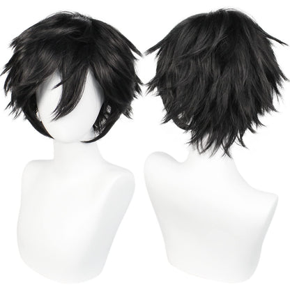 ANOGOL Hair Cap+ Short Black Wig for Men Short Black Men's Wigs for Cosplay Black Anime Cosplay Wig Layered Black Party Wigs with Bangs for Halloween Costume Christmas Peluca Negra Synthetic Hair