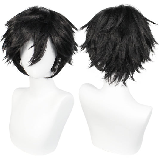 ANOGOL Hair Cap+ Short Black Wig for Men Short Black Men's Wigs for Cosplay Black Anime Cosplay Wig Layered Black Party Wigs with Bangs for Halloween Costume Christmas Peluca Negra Synthetic Hair