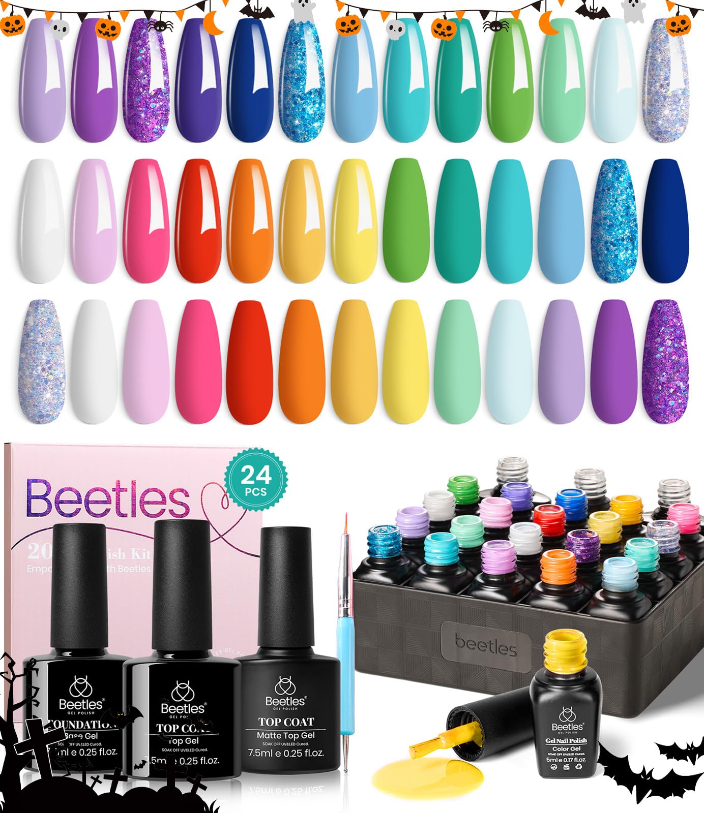 Beetles Halloween Gel Nail Polish Set, 24 Pcs Purple Blue Hot Red Gel Nail Polish Green Glitter Gel Polish Unicorn Collection Soak off UV with Glossy & Matte Top Base Gift for Women