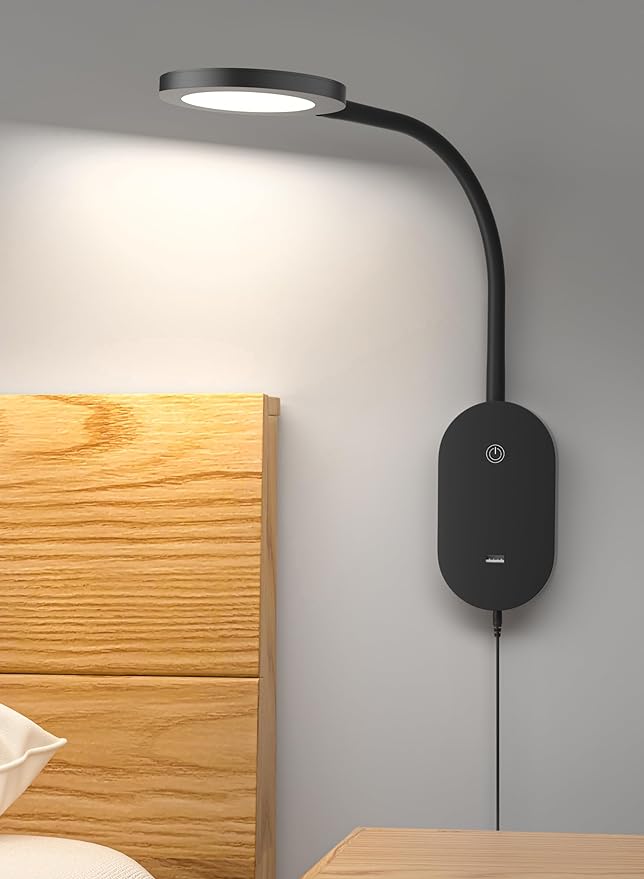 deeloop LED Wall Mounted Reading Light for Bed, Book Light for Wall Bedside Lamp with USB Output, 4 Hour Auto-Off Timer Lights，Eye-Caring Reading Lamp with 5 Dimmable 360° Gooseneck Headboard Light
