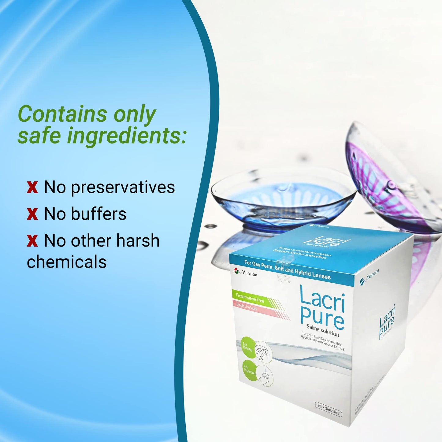 Menicon LacriPure Saline Contact Lens Solution, for Lens Rinse & Insertion, 98 Vials, 5ml
