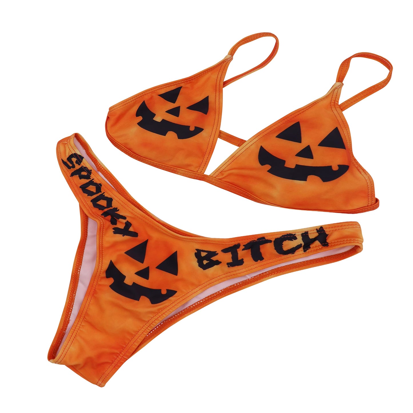 ANKOMINA Women Gothic Skull Letter Printed Two Piece Swimsuit High Cut Triangle Bikini Set for Rave Party Festival Halloween Orange