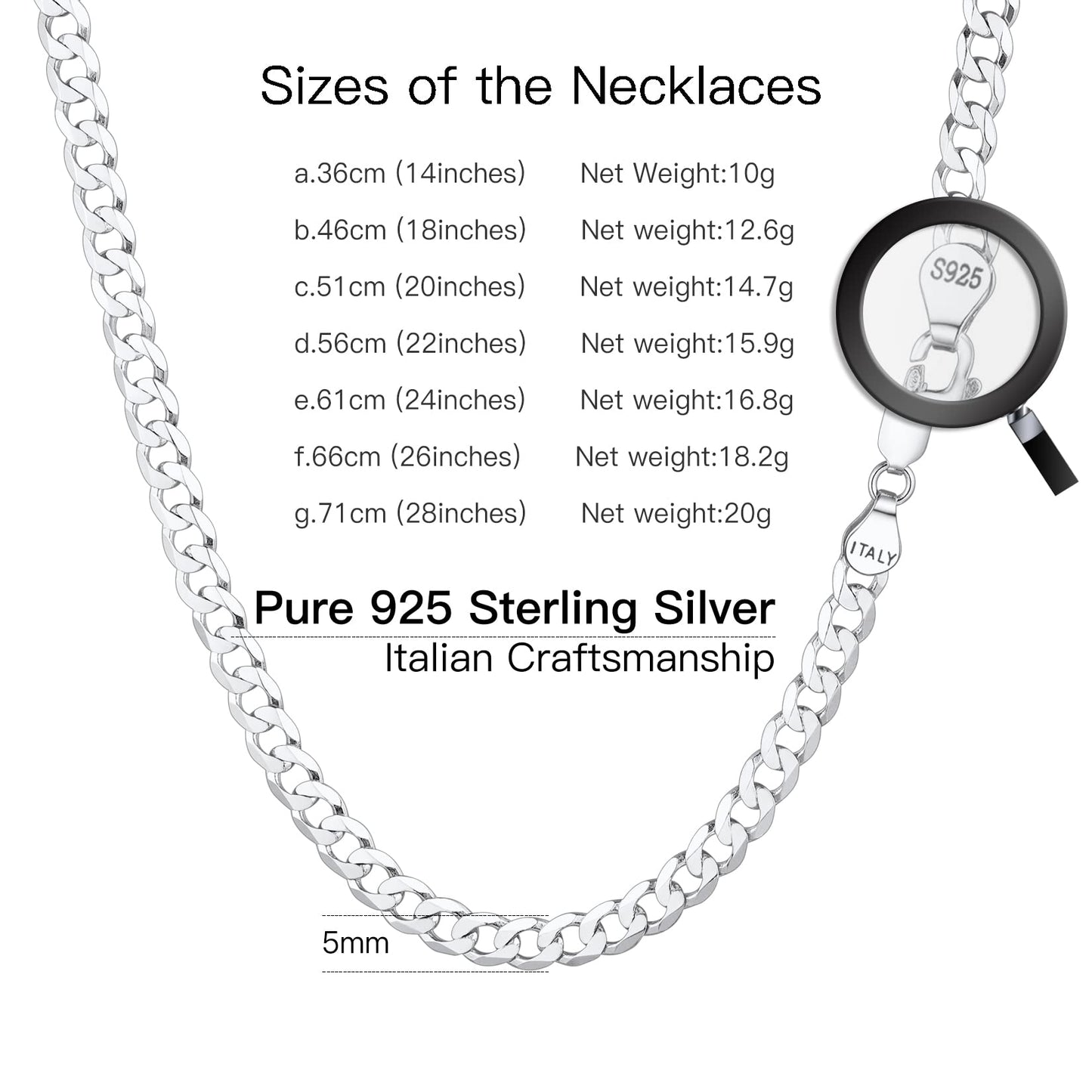 Suplight 925 Sterling Silver Cuban Chains Necklace for Men 5mm Flat Solid Mens Necklaces 20 Inch Men's Silver Chain Gift for Son Husband Father