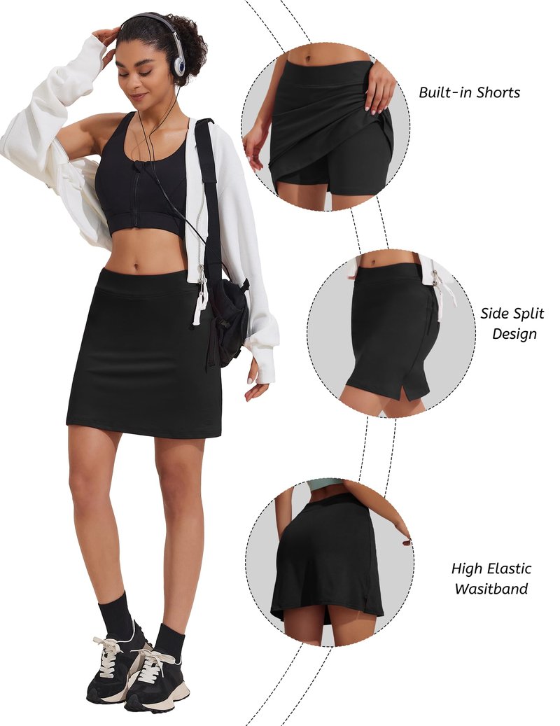 Ekouaer Lightweight Skort for Women Golf Skirt with Underneath Shorts Tennis Workout Hiking Sport Black