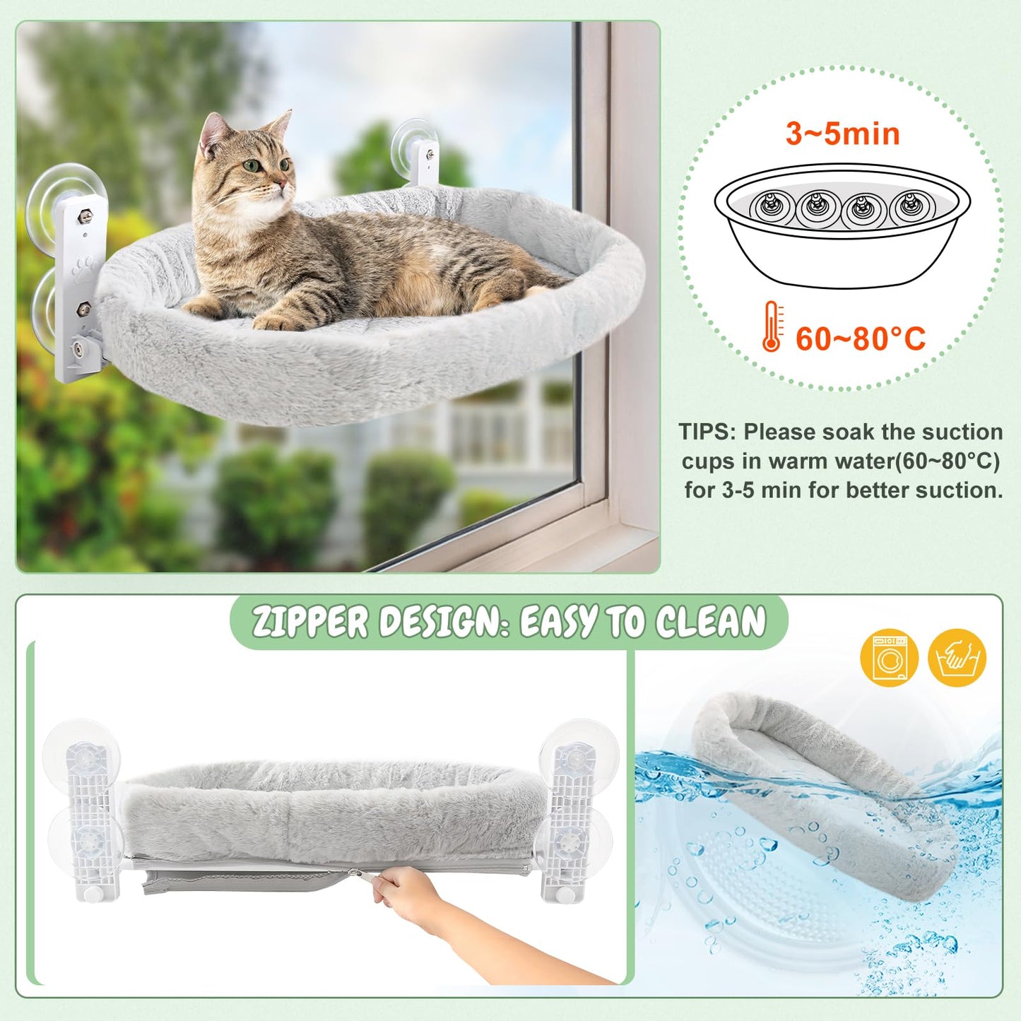 GUUSII HOME Cat Hammock Window Perch Foldable Hanging Bed Windowsill Seat Large Cats Shelf with Strong Suction Cups Kitty Lounger Reversible Cover 53 * 30cm Hold Up to 18kg Easy to Assemble(Grey)