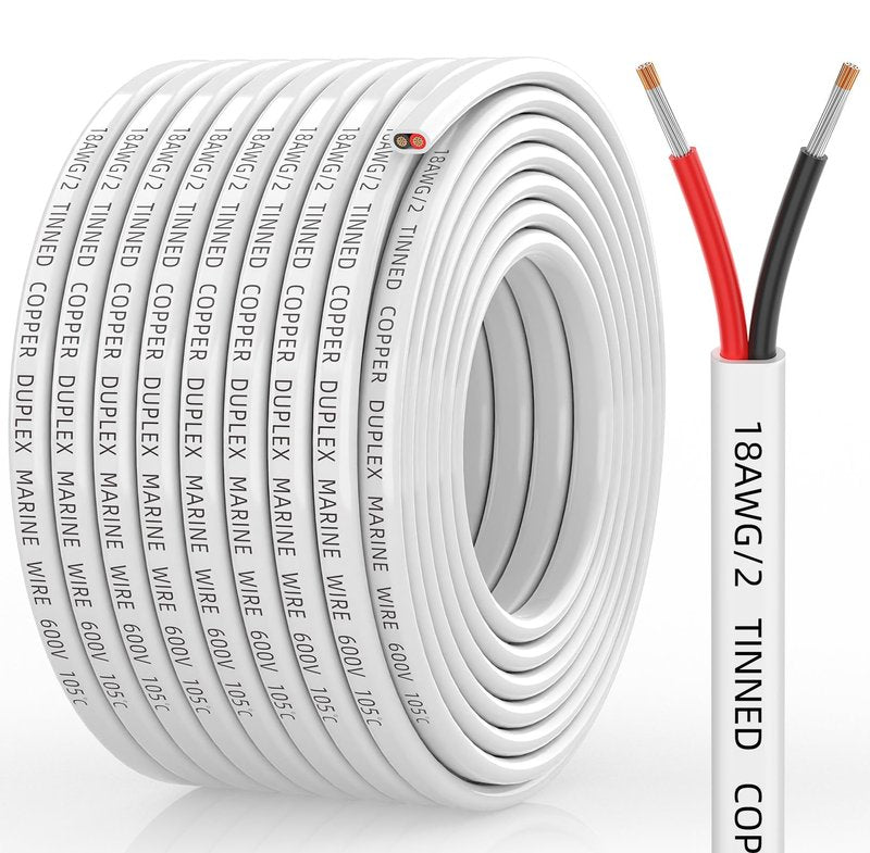 CONEPY 18 Gauge Marine Wire, 18/2 Duplex Marine Grade Cable, IP68 Waterproof/Oxygen-Free Tinned Copper Stranded PVC 18 AWG Wire for Boat, Automotive, RV, Solar, LED Strips (50FT)
