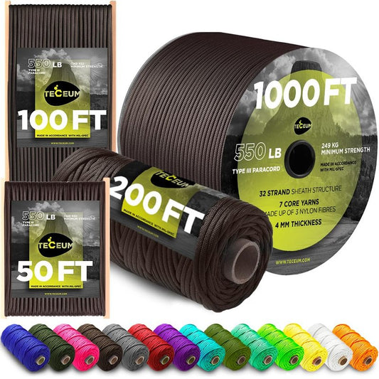 TECEUM Paracord Type III 550 Chocolate – 1000 ft – 4mm – Tactical Rope MIL-SPEC – Outdoor para Cord –Camping Hiking Fishing Gear and Equipment – EDC Parachute Cord – Strong Survival Rope 014