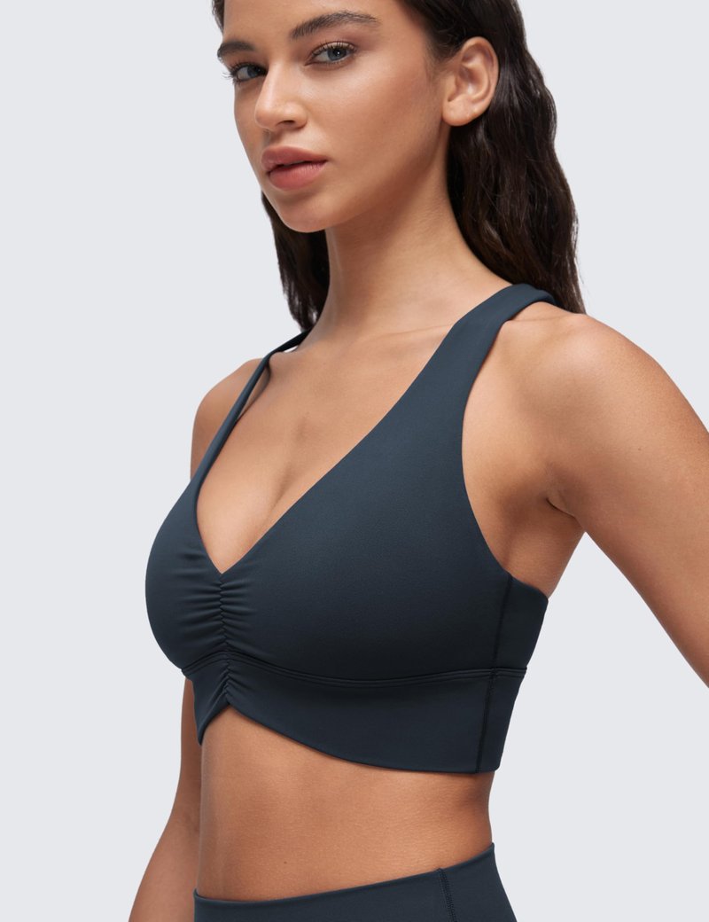CRZ YOGA Butterluxe Ruched Longline Sports Bras for Women - V Neck Padded Yoga Tank Wide Straps Cross Back Crop Tops True Navy Small