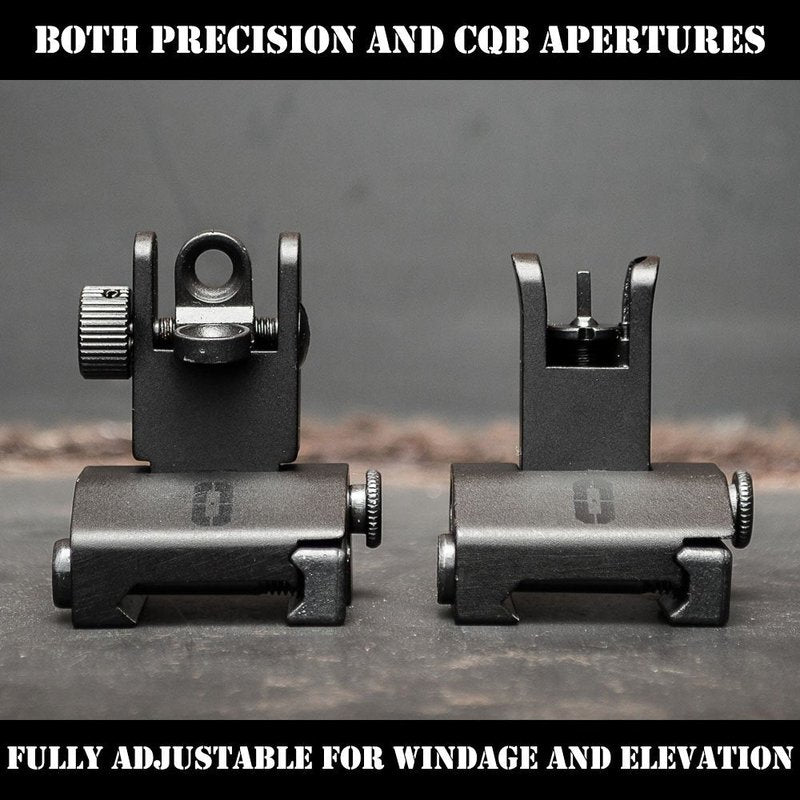 Chaos Ready | Flip Up Iron Sights - Spring Loaded Low Profile Back up Ironsights | Designed for Picatinny 1913 Pattern Rails | Co-Witness Front and Rear BUIS Combo Set |