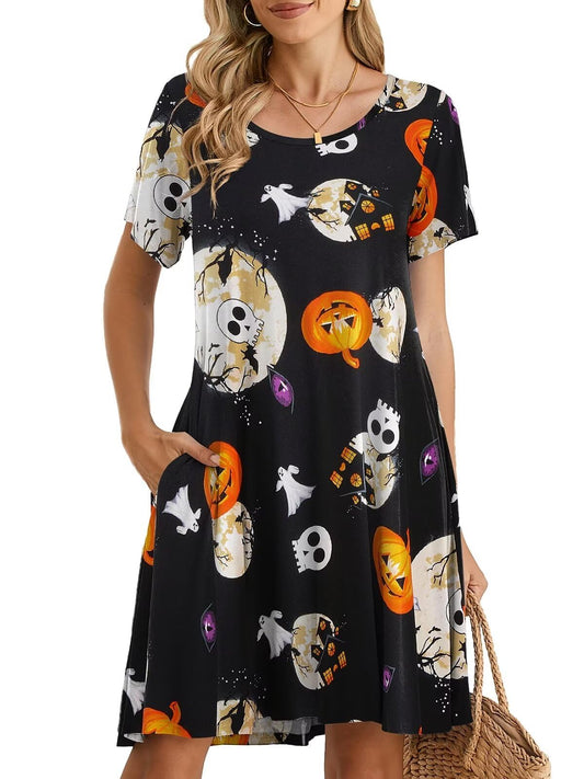 BELAROI Womens Plus Size Halloween Dresses Short Sleeve Swing Tunic Tshirt Dress Pumpkin, Witch, Horror Pattern Print Halloween Costumes(2X,Flower42)