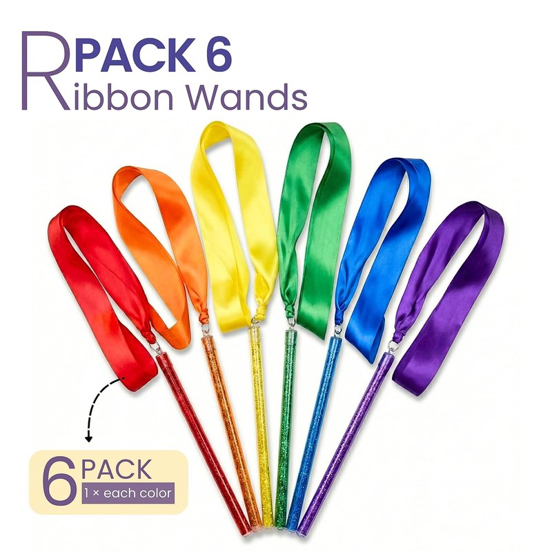 GSI Multicolor Sparkling Gymnastic Ribbon Wands [6 Pack] with 9 inch Stick and 1 Meter Ribbon for Gym, Training, Circus, Dance, Baton Twirling, Dancing Streamers (Pack of 6)