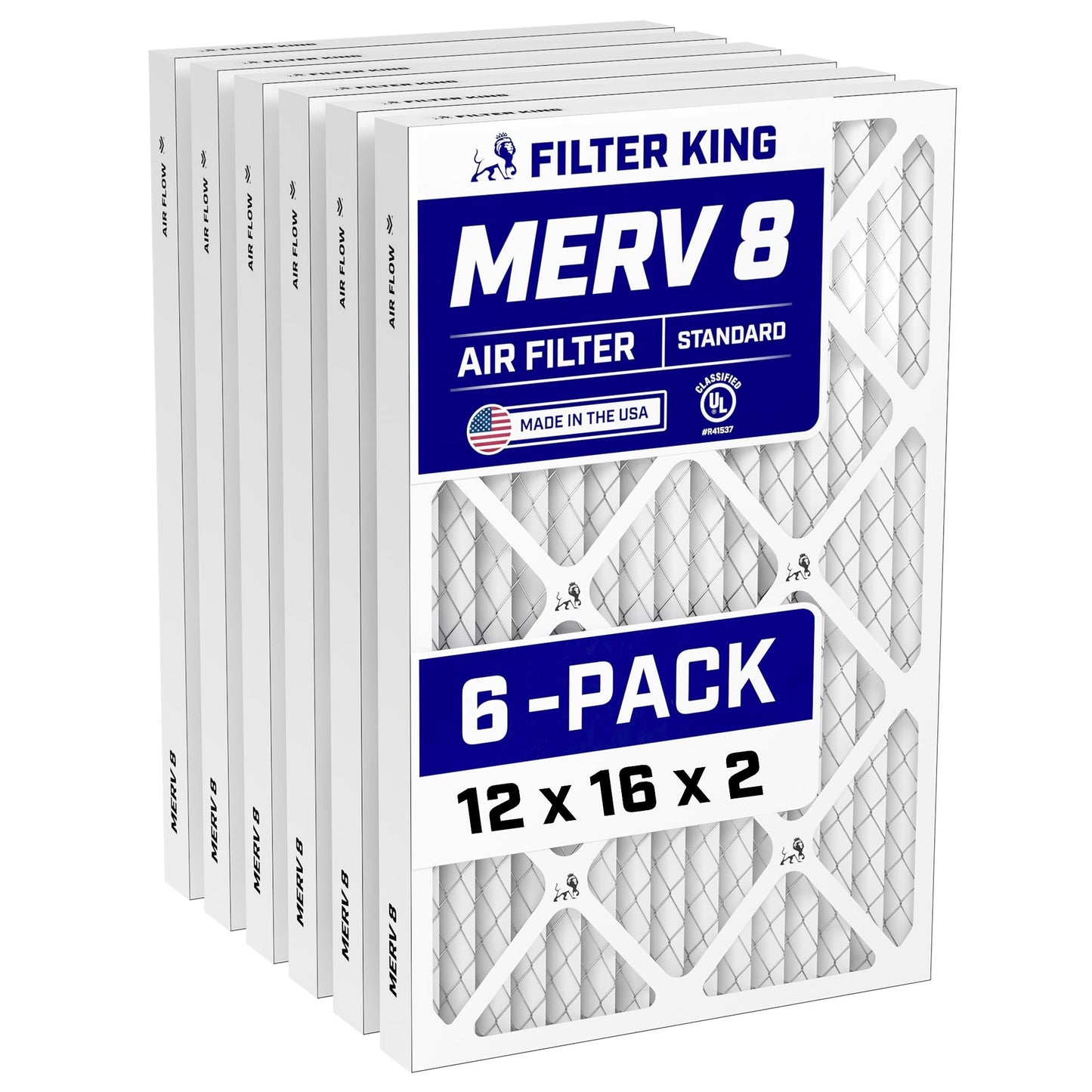 Filter King 12x16x2 Air Filter (MERV 8) (6-Pack) Dust & Allergy Control AC Furnace Filters, MADE IN USA, HVAC, Pleated, Electrostatic (Actual Size: 11.5 x 15.5 x 1.75)