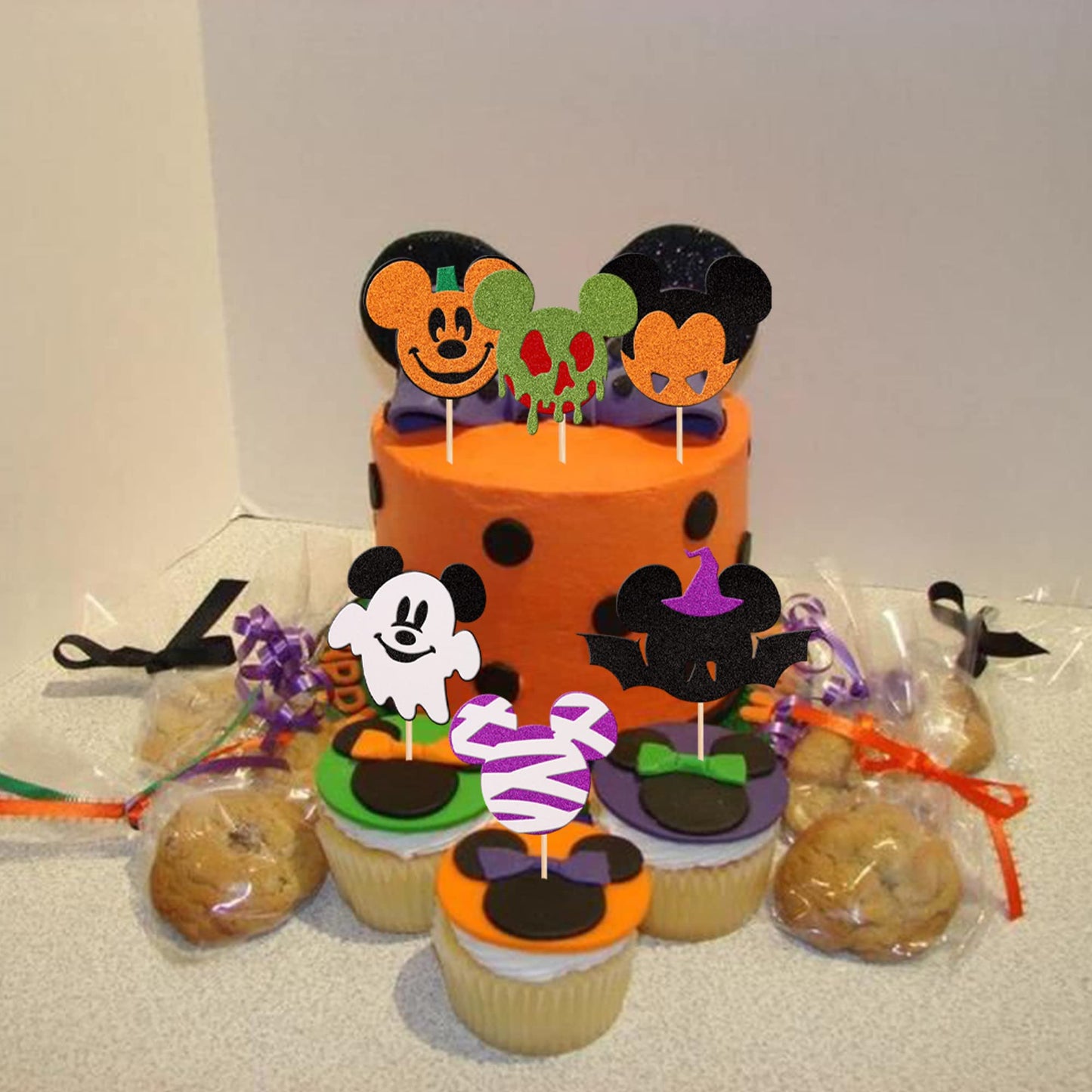 36 PCS Mini Mouse Inspired Halloween Cupcake Toppers Glitter Witch Hat Bat Zombie Mummy Ghost Spooky Cupcake Picks for Halloween Mini Theme Baby Shower Birthday Party Cake Decorations Supplies