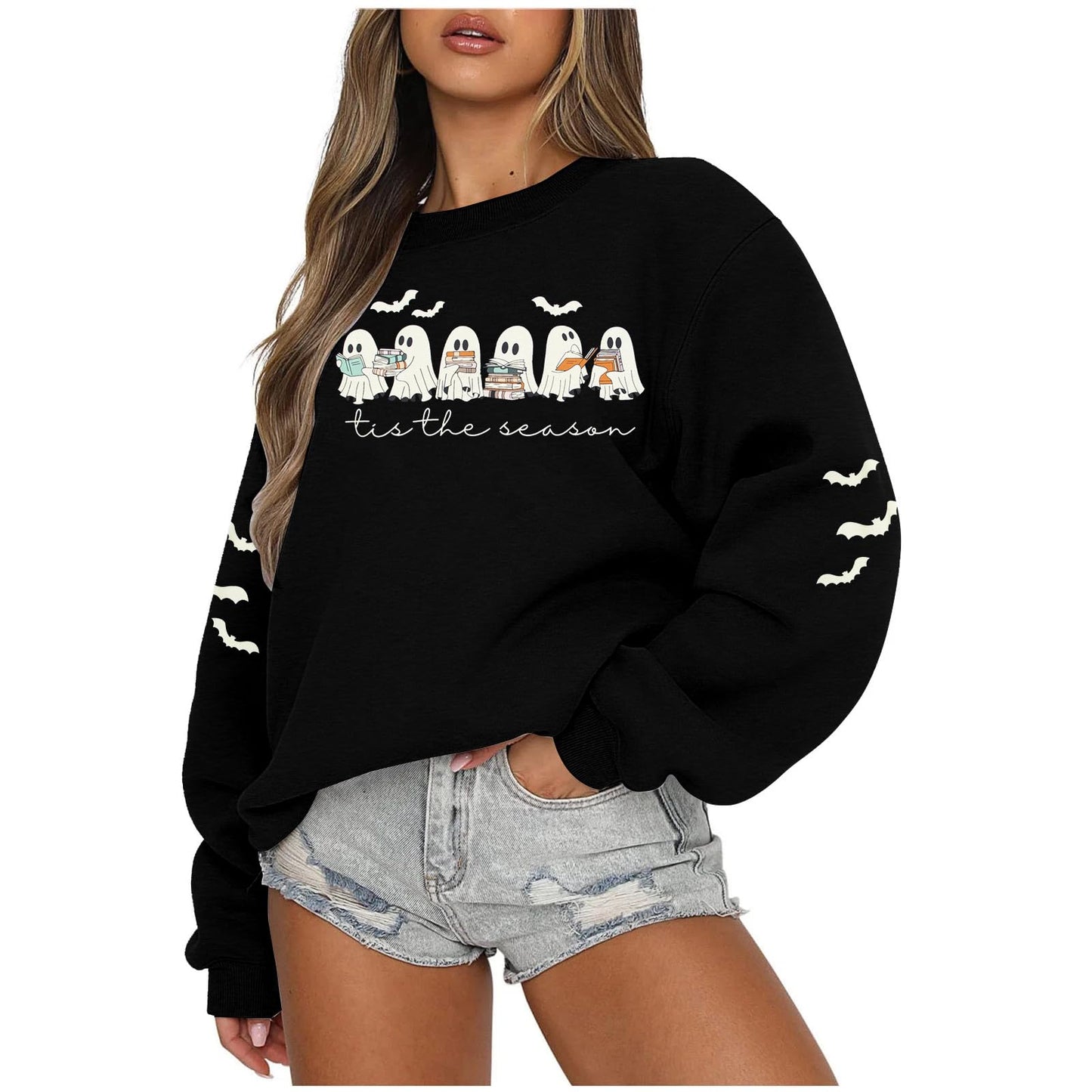 UNIQUEONE Halloween Sweatshirts for Women Ghost Reading Books Sweater Cute Spooky Bookish Shirt Fall Pullover Tops A-Black
