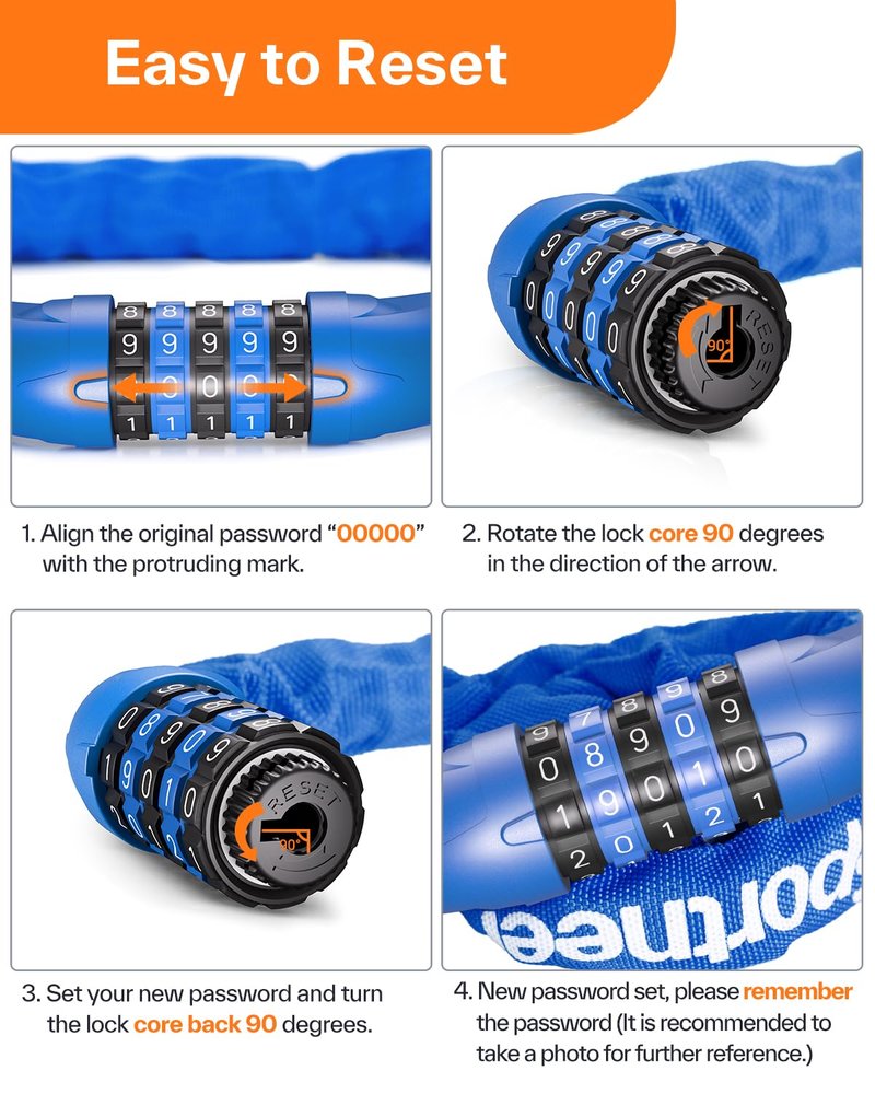 Sportneer Bike Lock: 5 Digit Combination High Security Anti Theft Bike Chain Lock - 3.2/3.6/4ft Heavy Duty Resettable Keyless Bicycle Lock for Bike, Motorcycle, Scooter, Door & Gate - 6mm Thick