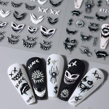 5D Embossed Halloween Nail Art Stickers Day of Death Black Lip Nail Sticker Decal Nail Art Decoration Supplies Horror Spooky Spider Evil Eye Skull Bone Halloween Self-adhesive Nail Design for Women Girls (halloween-1)
