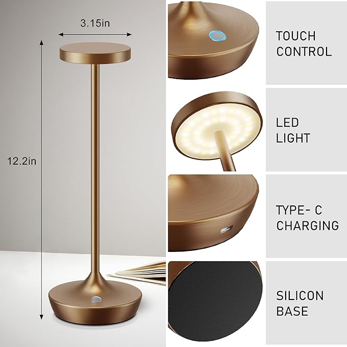 Cordless Table Lamp Rechargeable - 6000mAh LED Battery Operated Table Light - Portable Touch Dimmable Outdoor Waterproof Table Lamps for Patio Restaurant Dining (Bronze)