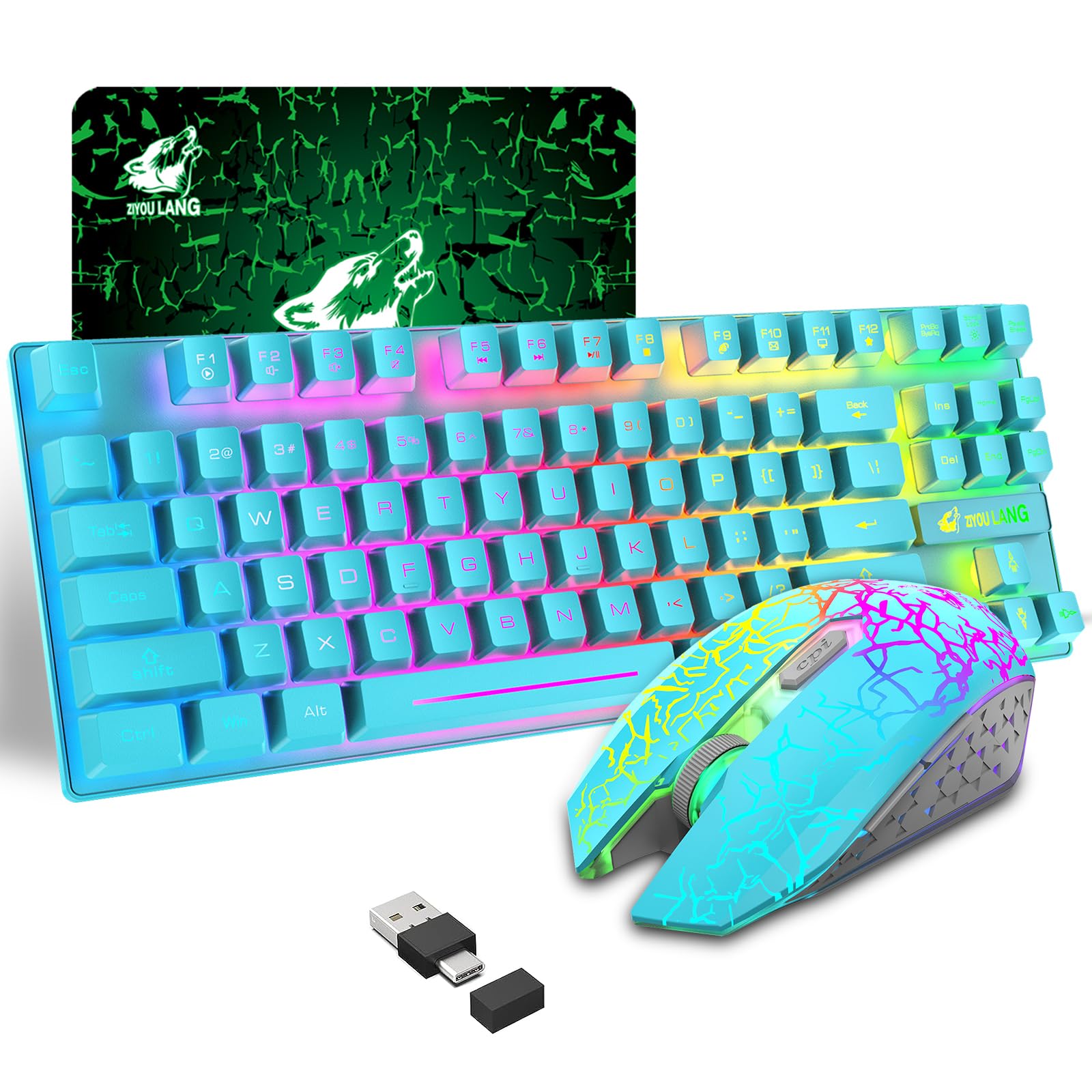 Wireless Gaming Keyboard and Mouse Combo with 87 Key Rainbow LED Backl ...