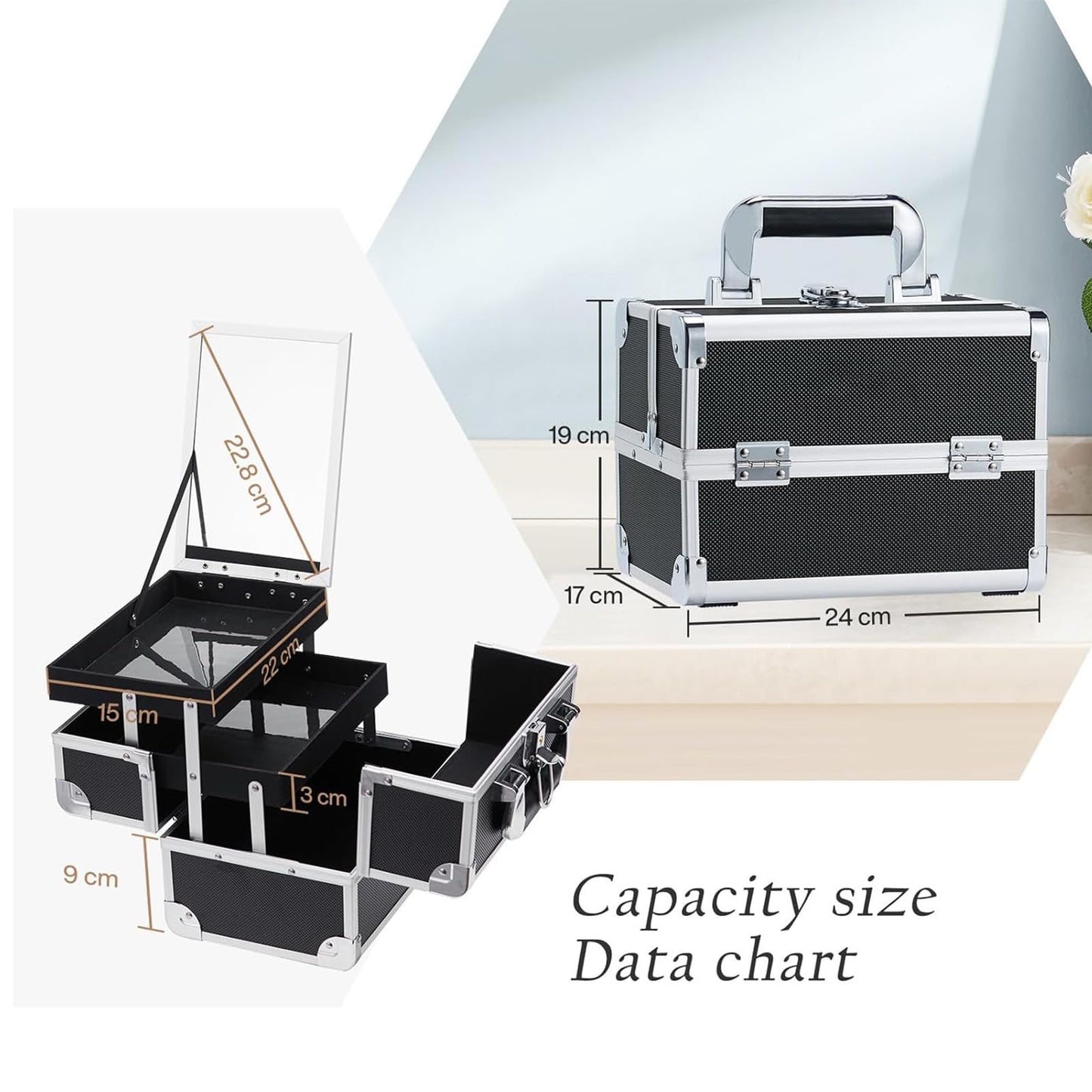 Frenessa Cosmetic Case Makeup Organiser Box Beauty Storage Make Up Case Vanity Box with Mirror Lockable with Keys, Black