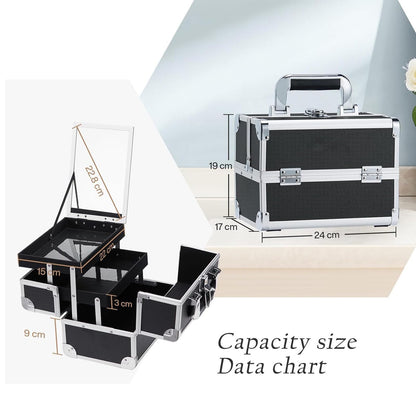 Frenessa Cosmetic Case Makeup Organiser Box Beauty Storage Make Up Case Vanity Box with Mirror Lockable with Keys, Black