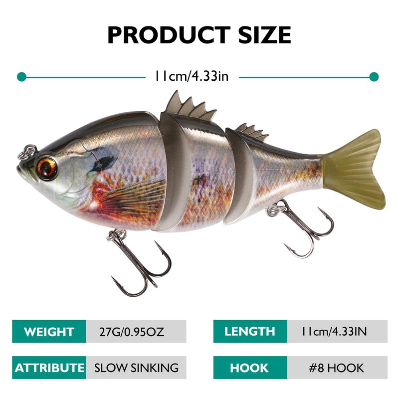 FONMANG 3-Pieces Swimbait Fishing Lures, 4.3in Lifelike Bluegill Multi-Jointed Slow Sinking Swim Bait, Fishing Lure for Large-Sized Bass, Walleye and Pike Fish in Freshwater and Saltwater-3Color