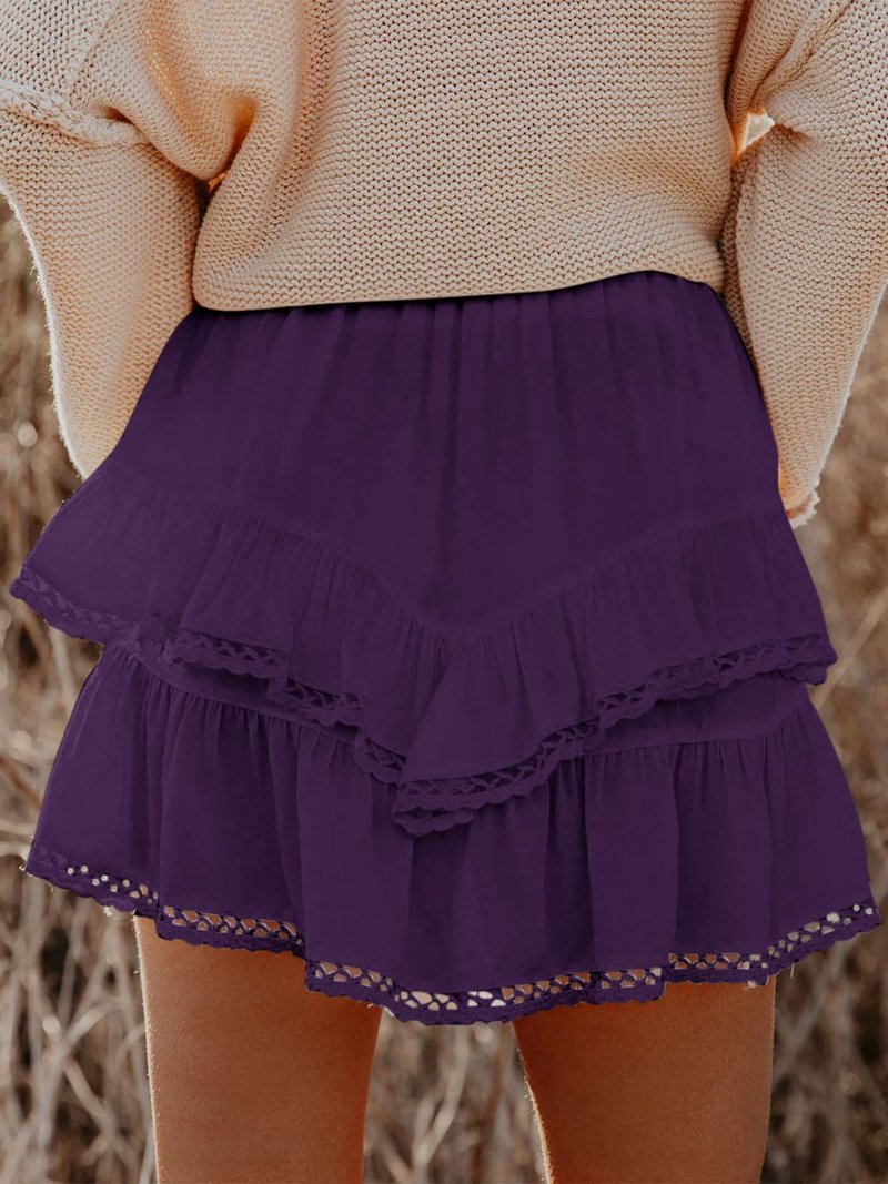 Aoudery Flowy Shorts for Women Casual Boho Ruffle Tiered Skorts High Waist Mini Skirts Golf Tennis Butterfly Crochet Shorts - Dark Purple XS