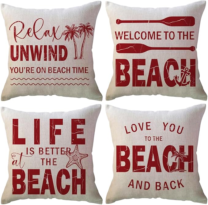 ULOVE LOVE YOURSELF Coastal Beach Throw Cushion Covers Double-Sided Tropical Palm Paddles Anchor Starfish Summer Beach House Decorative Pillowcase 18 x 18 Inch 4Pack Porch Patio Decor (Red)