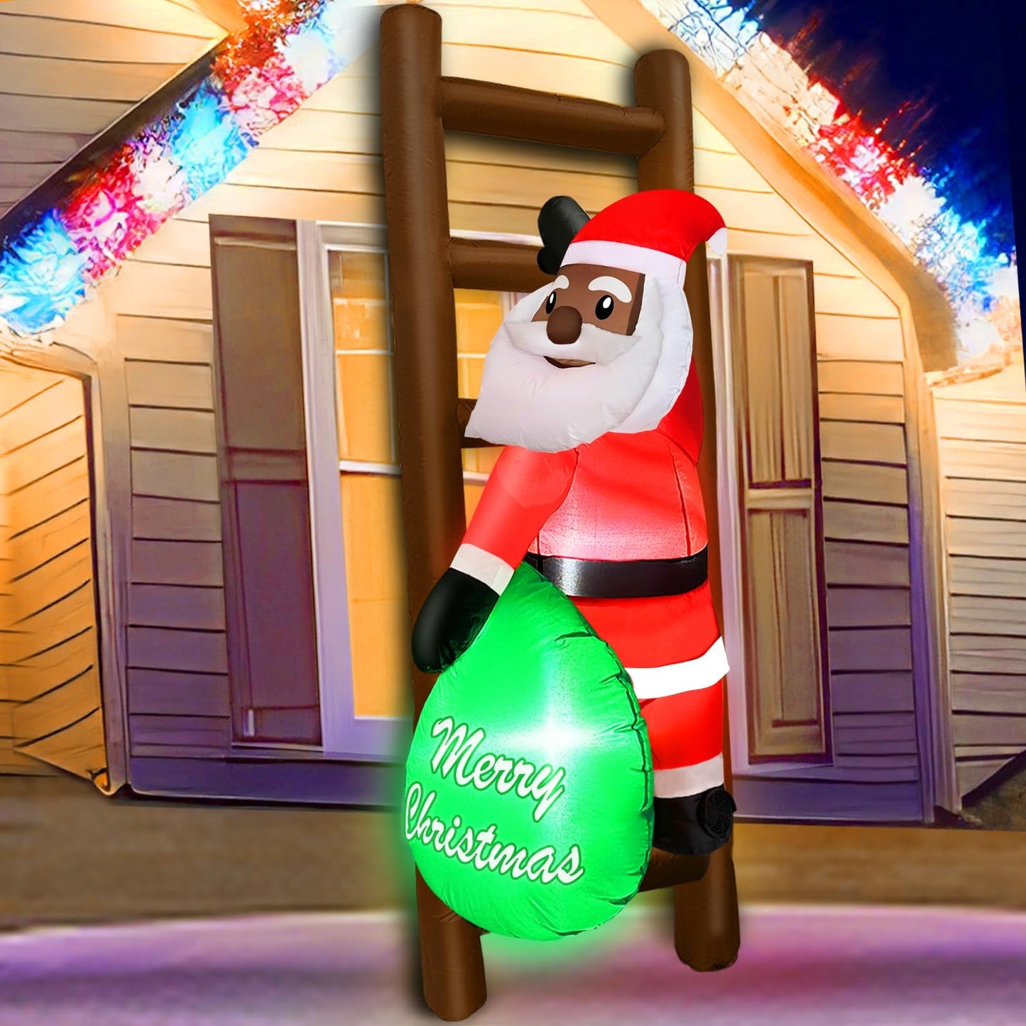 6 FT Hanging Christmas Inflatables Black Santa Claus with Gift Bag Climbing on Ladder, Blow Up African American Christmas Decorations Outdoor Build-in LED Lights for Garden Decor Xmas Holiday Party