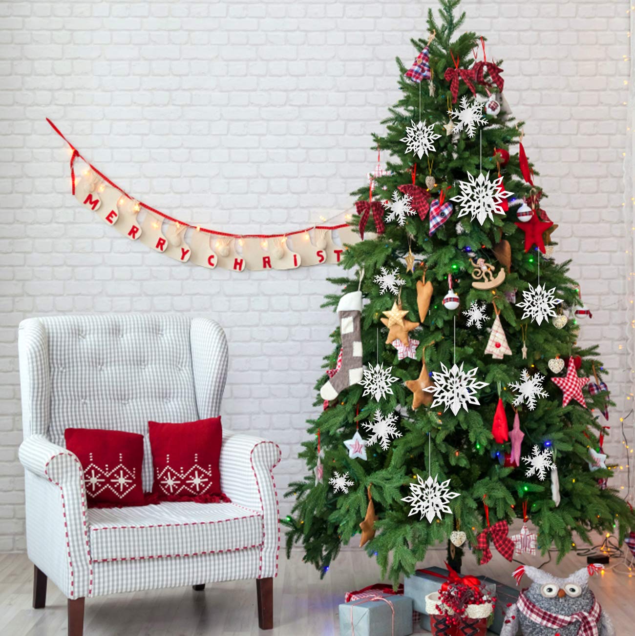 24PCS Snowflake Christmas Decorations, 3D Large White Paper Snowflakes Garland Hanging Snow Flakes for Winter Wonderland Christmas Party Decorations Holiday New Year Home Decor, Antiquewhite