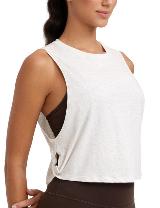 CRZ YOGA Women's Sleeveless Cotton Crop Tank Top for Yoga Gym Running Workout - Deep Armhole Ice Grey/White X-Small