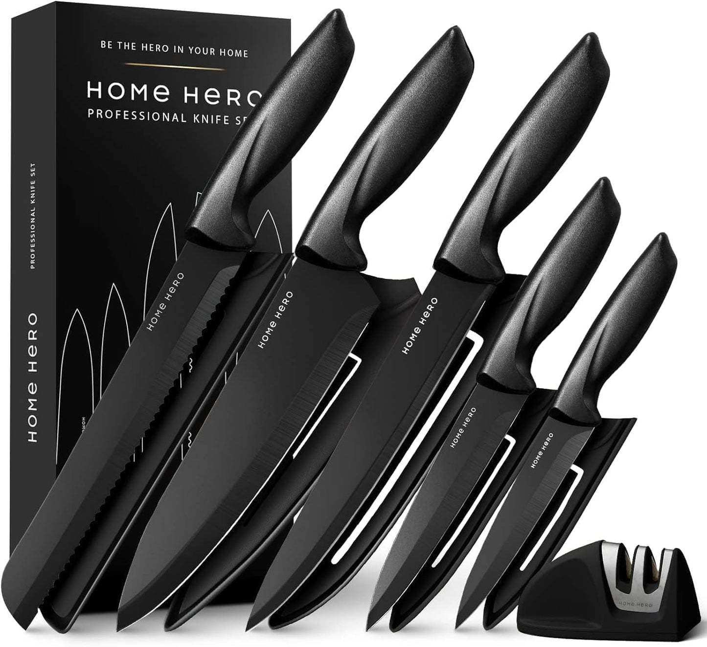 Home Hero Ultra-Sharp Stainless Steel Kitchen Knife Set - Chef Knives Set (5 pcs Set - Black with Sheath)
