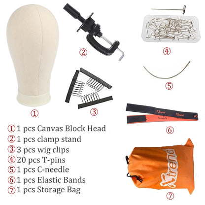XTREND 21"-24" Canvas Wig Head Poly Manikin Head for Making/Drying/Styling Wigs Model Training Head Professional Mannequin Head with 20 Pcs T Pins and Clamp Stand 23 Inch