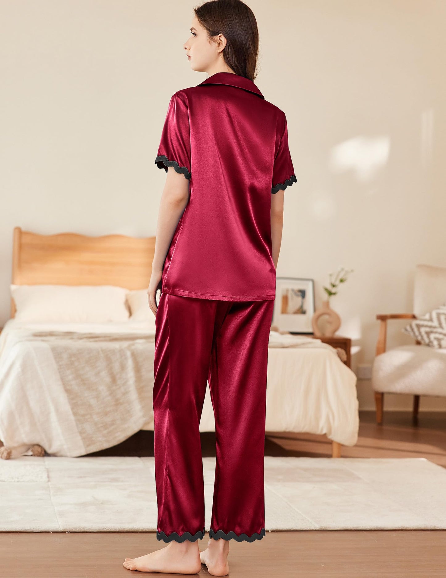 Ekouaer Womens Silk Satin Pajamas Set Button Down 2 Piece Pjs Short Sleeve Long Pants Sleepwear Lounge Set, Wine Red, XL