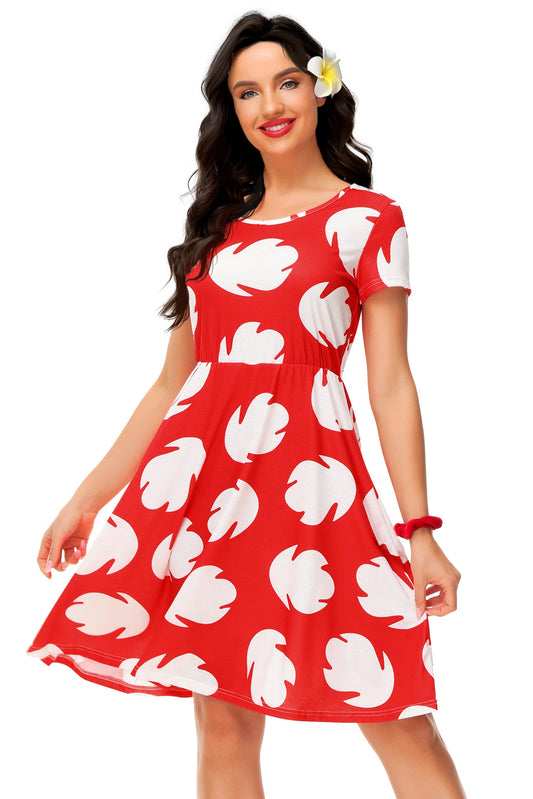 Halloween Women Red Leaves Print Dresses Hawaiian Knee Length Tunic Dress 3XL