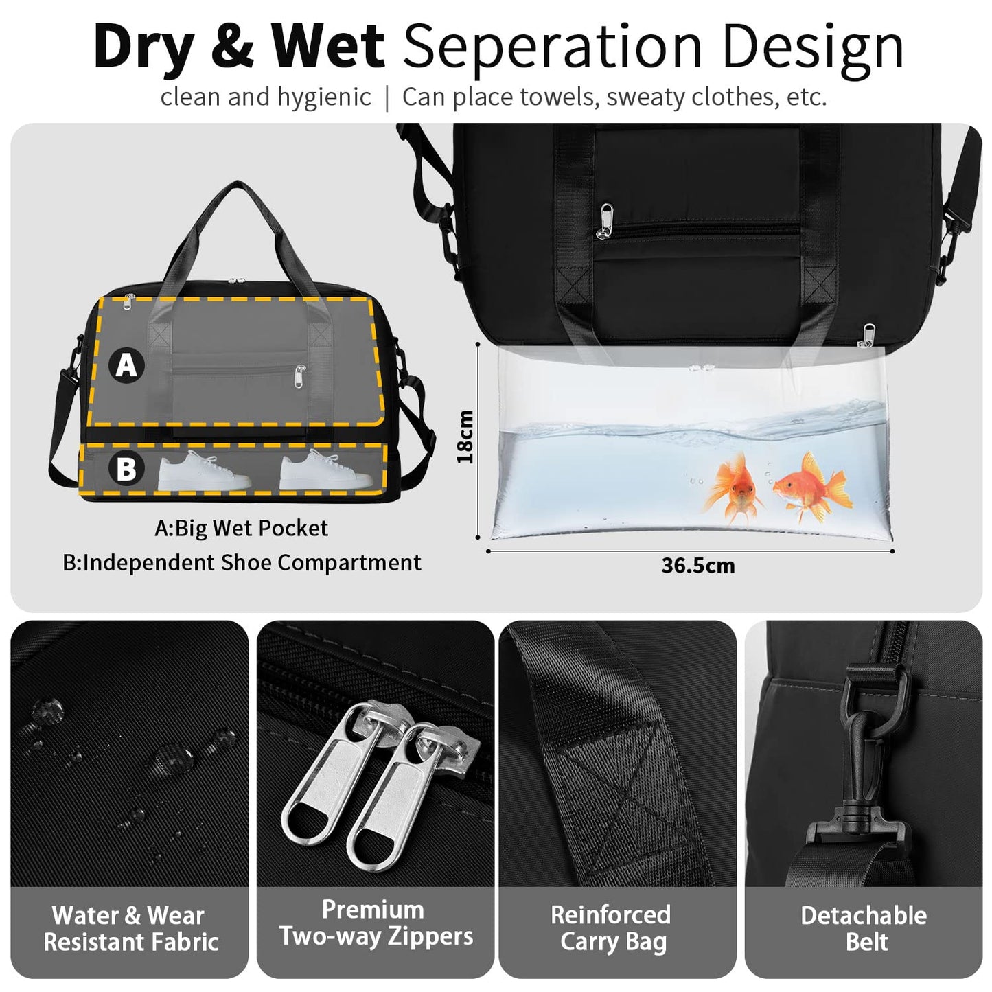 FIORETTO Womens Foldable Weekend Bag Overnight Hospital Bag with Shoes Compartment & Wet Pocket, Water Resistant Gym Bag Duffle Bag Travel Bag Holdall for Women Men Black