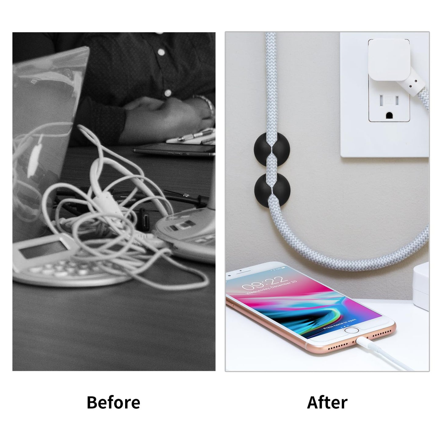 Flezoo Cord Holder Cable Clips, 12PCS Black Adhesive Cord Organizer Charger Holder Wire Management Keeper for Nightstand, Desk, Office or Mouse